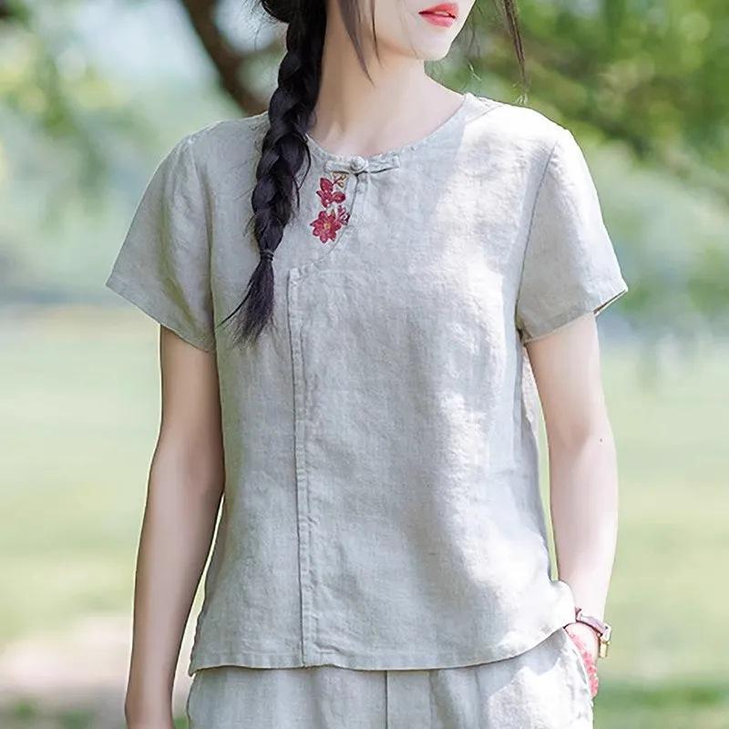 Cotton and Linen Ethnic Style New Chinese Embroidery Short Sleeved T-shirt Retro Women's New Loose Casual Top Small Shirt