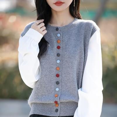 Nuovo Cardigan a Maglia Girocollo Autunno/Primavera con Bottoni Colorati e Top Finti Due Pezzi Larghi da Donna
