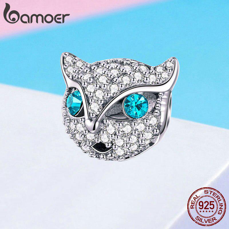 BAMOER High Quality Authentic 925 Sterling Silver Kitten Cat Fox Shape Charms Clear CZ Beads