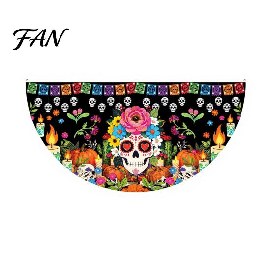 Reusable Party Entrance Sign Day of The Dead Skull Bunting Banner, Marigold Print Fiesta Unique Fan Shaped Banner Hanging Flag, Colorful Sugar Outdoor