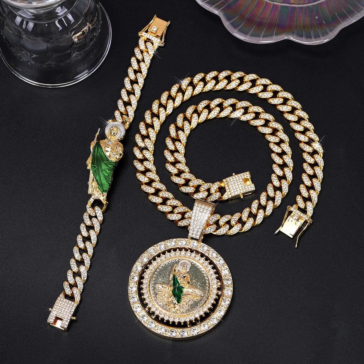 Hip Hop Rotating St. Jude Pendant Necklace Set Alloy Micro Pave Zircon Cuban Link Chain Religious Jewelry hip hop pendant necklace золотой