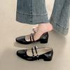 Square Toe Low Heel Women Silvery Mary Jane Shoes Fashion Elegant Belt Buckle Shoes Ladies Comfort Street Style Leather Shoes