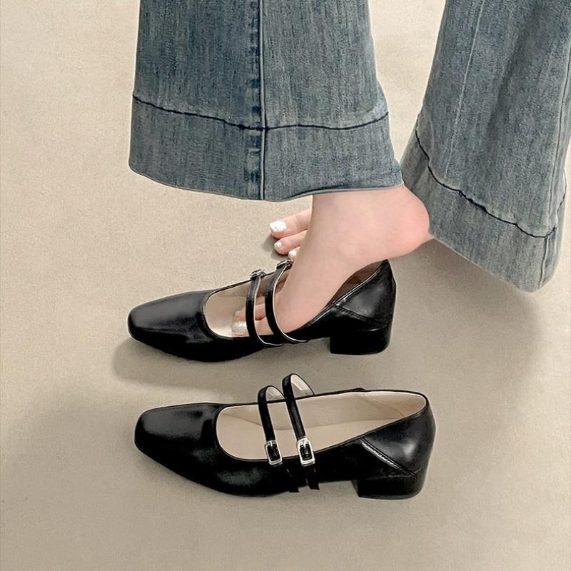 Square Toe Low Heel Women Silvery Mary Jane Shoes Fashion Elegant Belt Buckle Shoes Ladies Comfort Street Style Leather Shoes