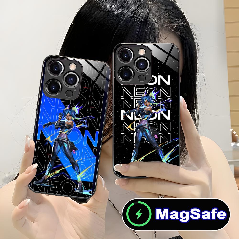 Valorant Neon Mobile Phone Case for iPhone 16 15 14 13 12 11 Pro Max Plus Mini MagSafe Glass Colour Protective Luxury Smartphone