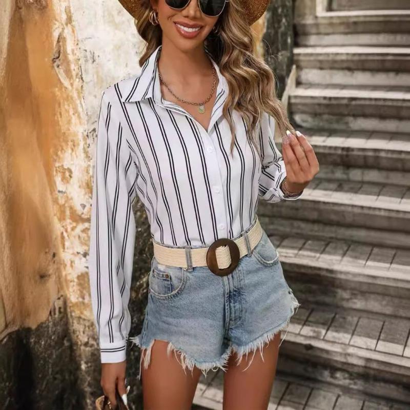 Women's Shirt Autumn Commuting Style Fashion Lapel Blouses Striped Loose Long Sleeved Shirt Women
