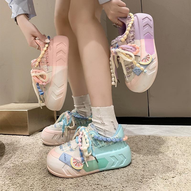 5CM Ladies Shoes on Sale Fashion Kawaii Round Toe Lace Up Women's Vulcanized Shoes Spring Flat Outdoor Breathable Women Sneakers