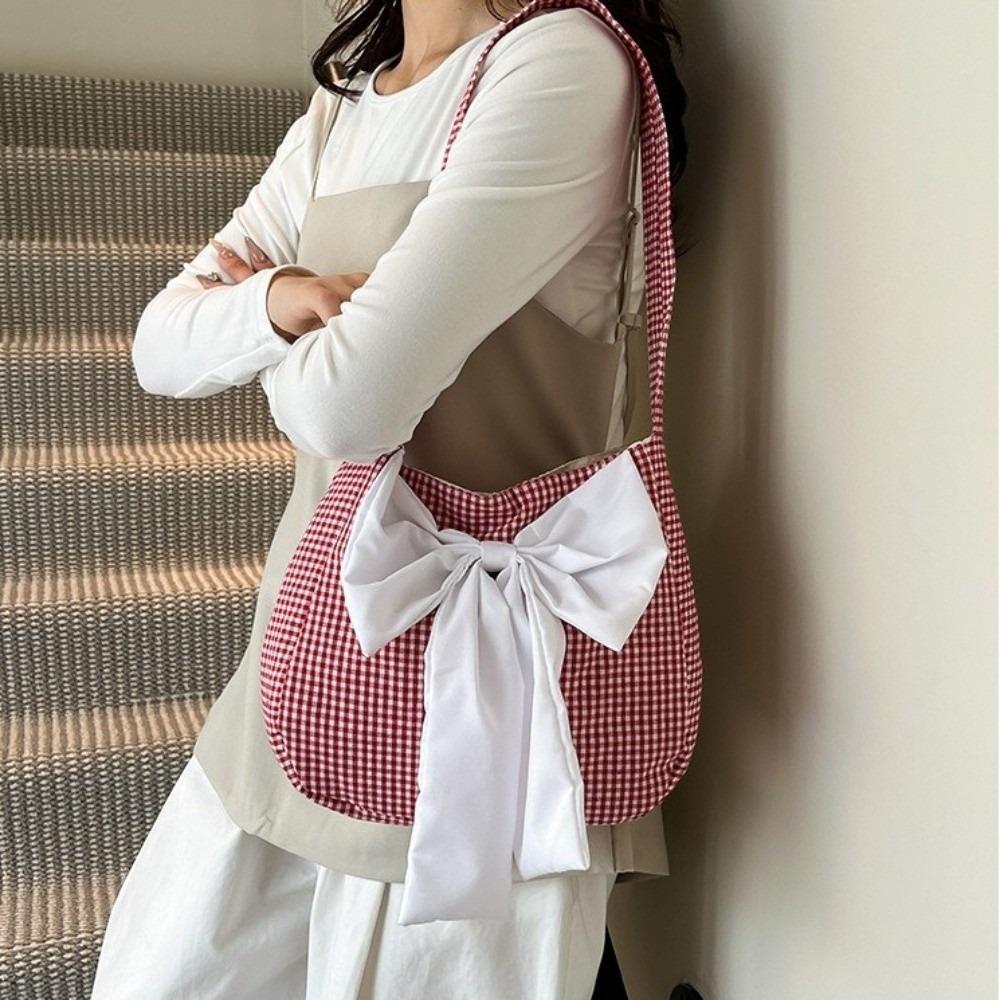 Lattice Bow Shoulder Bag Japanese Style Canvas Tote Bag Portable Plaid Shoulder Bag  Girl