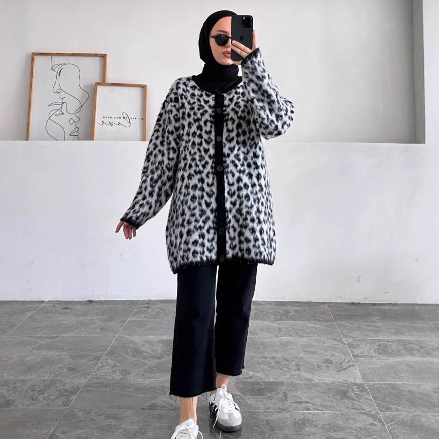

Женское плюшевое пальто средней длины свободного кроя с леопардовым принтом, осень 2024 XS белый/чёрный