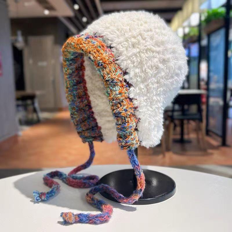 Handmade Big Head Circumference Plush Knitted Hat Showing Face Small Hat Female Korean Version Wool Hat Thermal Ear Protection Hat 