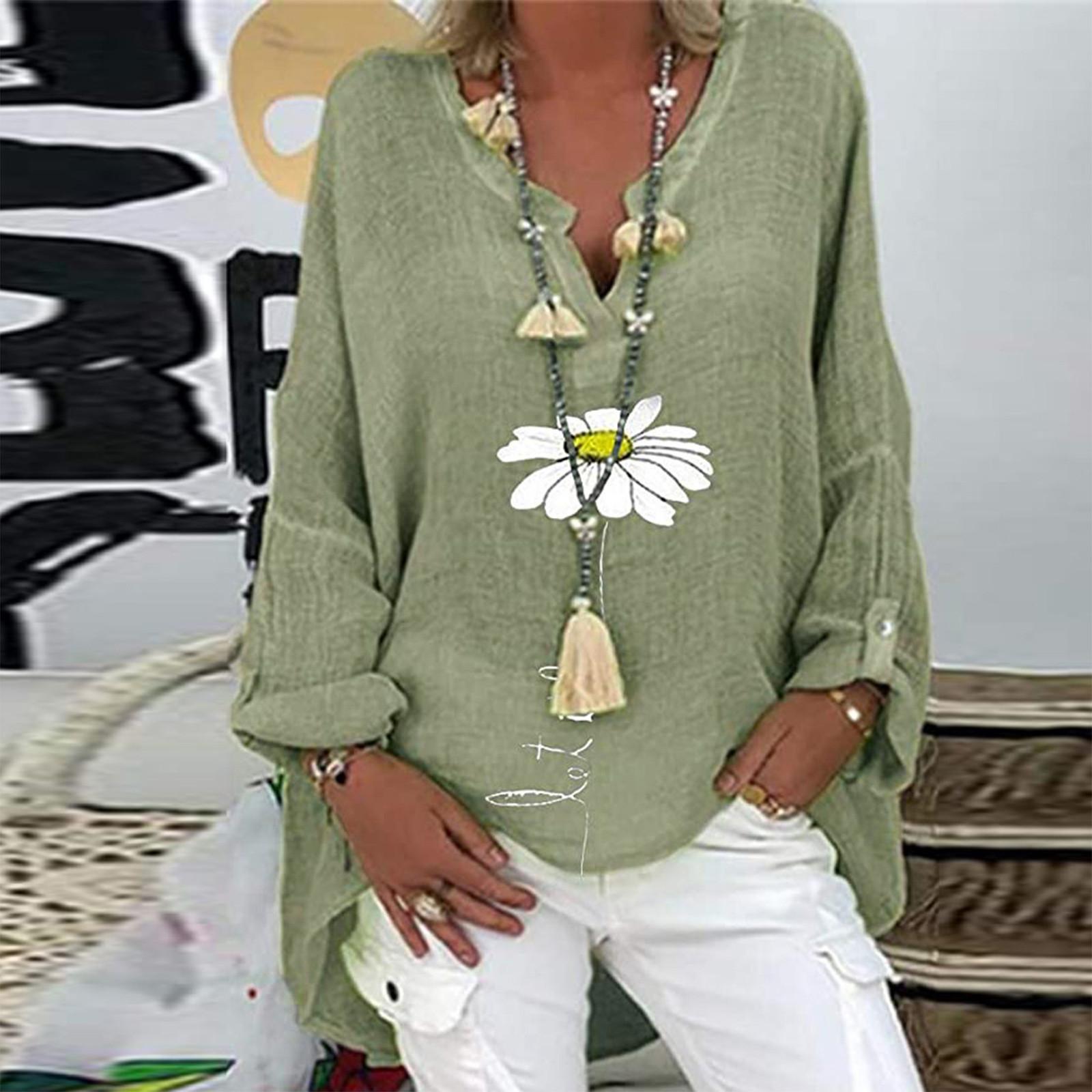 

Женские повседневные топы-рубашки с принтом из искусственного хлопка с V-образным вырезом большого размера XXXXXL зелёный