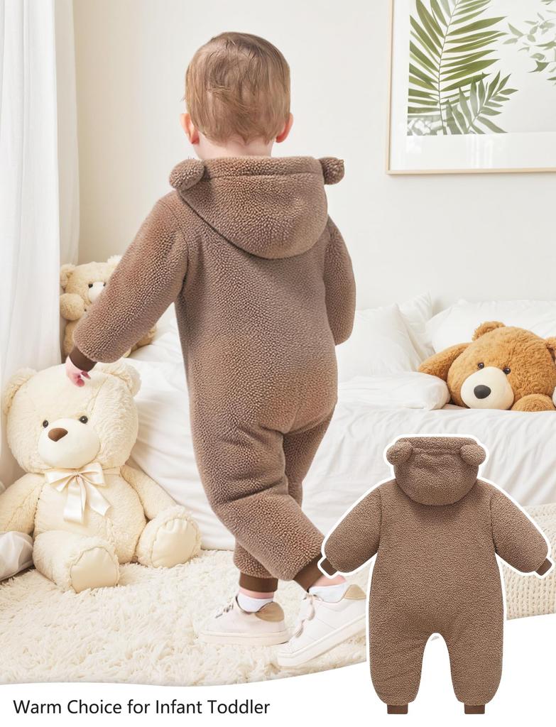 AIEOE Newborn Baby Long Sleeve Down Baby Bear Front Easy Baby Baby Shower Size 90 Jumpsuit, Romper, Hooded, Autumn/Winter, Coverall, Warm,