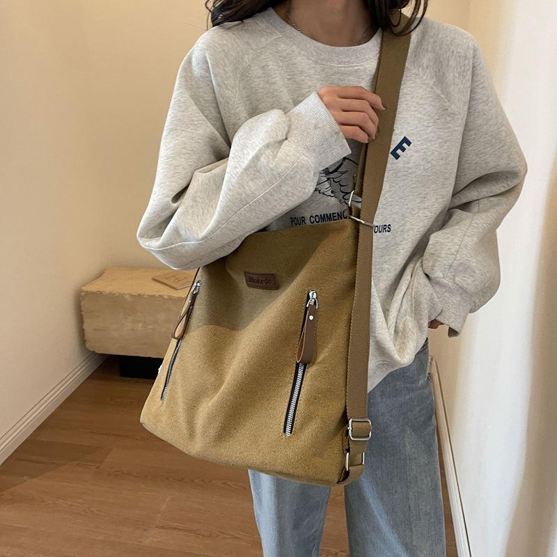 Double zipper shoulder bag New canvas Large capacity simple casual oblique span bag Multifunctional commuter backpack