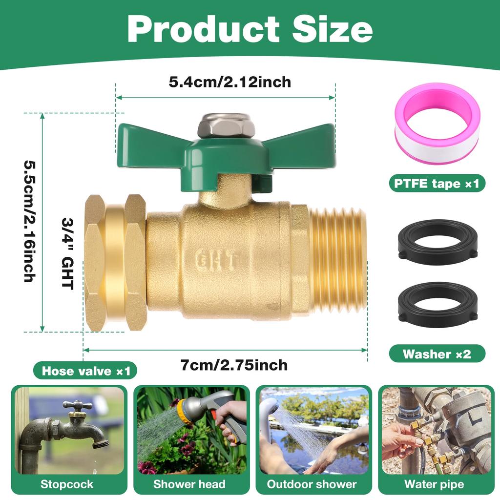 3PCS Garden Hose Shut Off Valve 3/4 Inch GHT High Flow Heavy Duty Brass Water Hose Ball Valve with 2 Washer Universal for Faucet