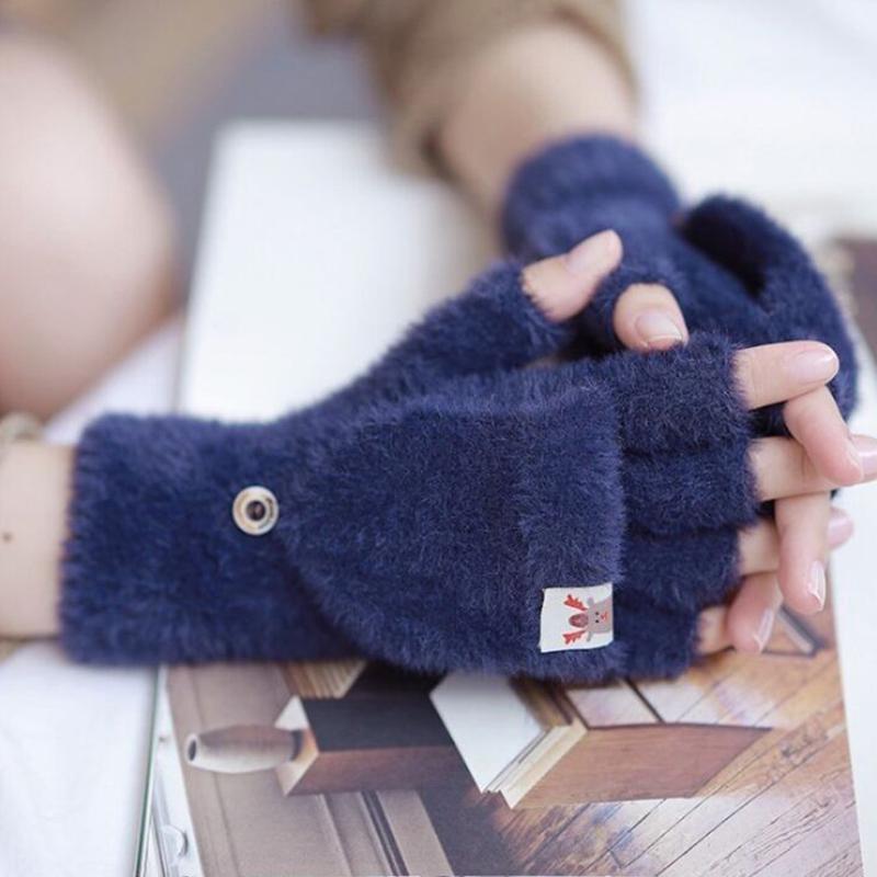 Outdoor Women Imitation Velvet Gloves Touch Screen Lovely Half-Finger Flip-Top Outdoors Gloves Solid Color Soft Knitted Mittens