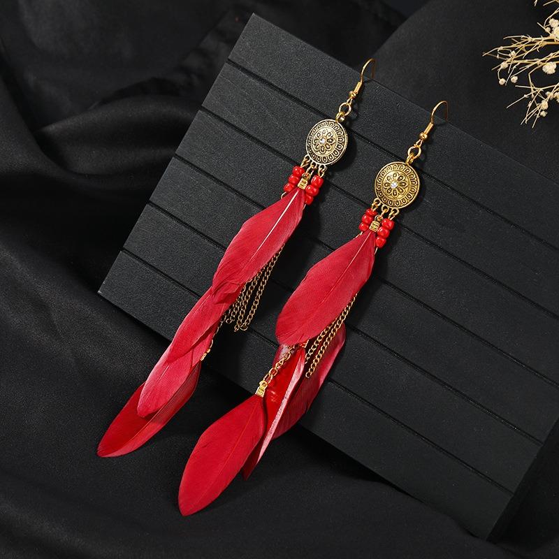Retro Feather Fringed Earrings Women's Niche Personality Bohemian Blue Long Yunnan Travel Photography Earrings