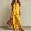 Women's Loose Fit Two Piece Pant Suit Sleeveless V Neck Linen Blend Shirt Split Wide Leg Trousers Vacation Matching Set