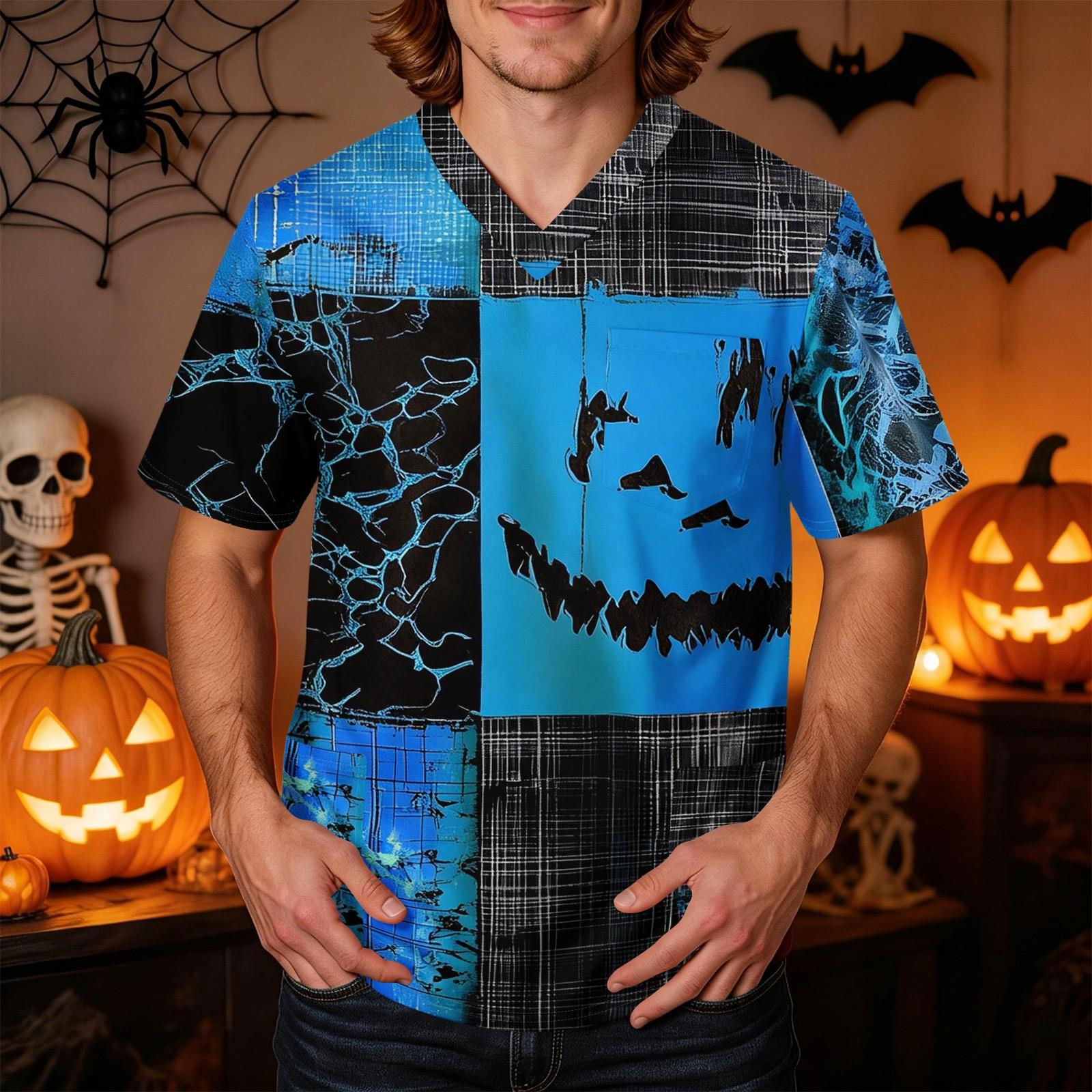 Men s Short Sleeve V-Neck Gradient Print Pocket Work Shirt Top XXXL синий