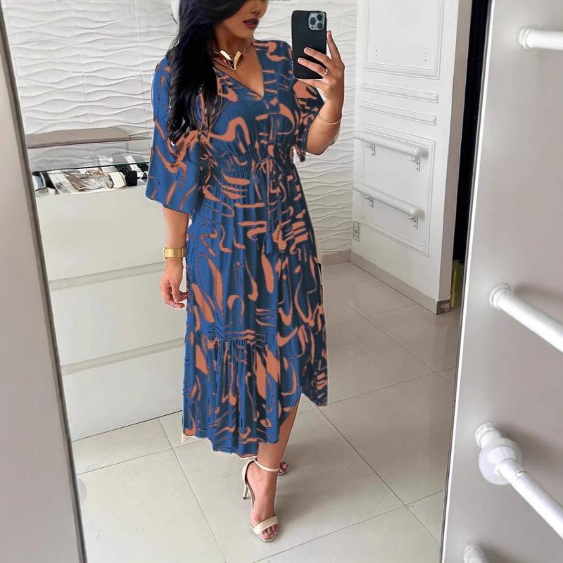 Summer Printed V-neck Women's Dress, High-waisted Tie Dress Flared Mid-sleeve Ruffled Dress