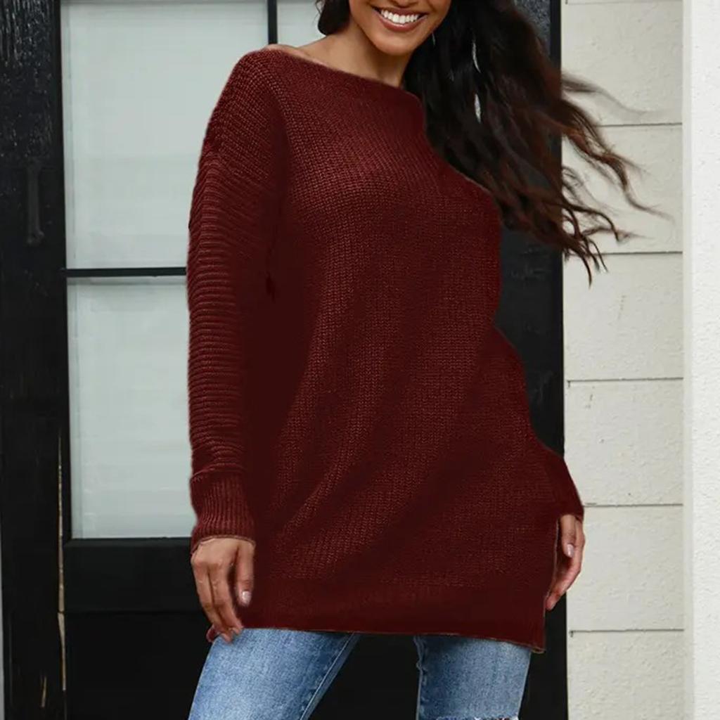 Women's Winter Loose Versatile One-shoulder Solid Color Mid-length Knitted Sweater