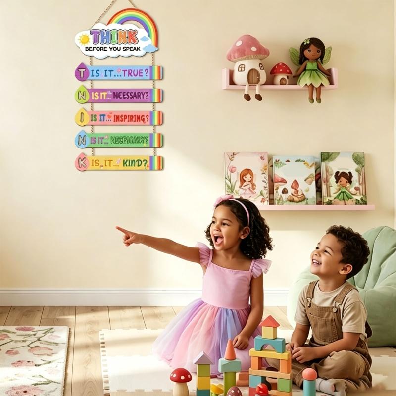 Spraakherinnering Houten Wandbord Klaslokaal met Wolkenprint, Denk Na Voordat Je Spreekt Hangbord voor Kinderkamer of Counselingkantoor
