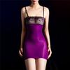 Sexy Women Lace Patchwork Suspender Micro Mini Dress Elastic Bodycon Dress Oil Glossy Shiny Sheer See Through Maid Dress