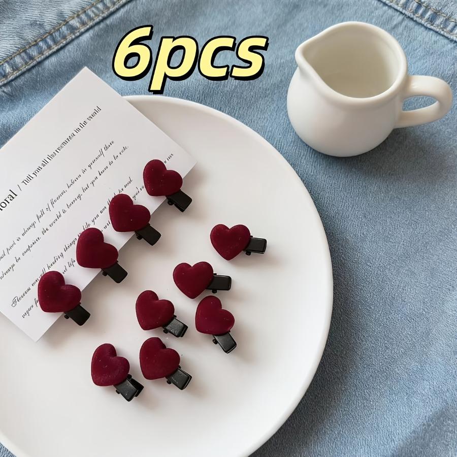 6pcs Velvet Heart Hair Clips, Women's Bangs and Flyaway Hair Clips, Delicate and Cute Small Hairpins for Braiding, Side Hair Clips