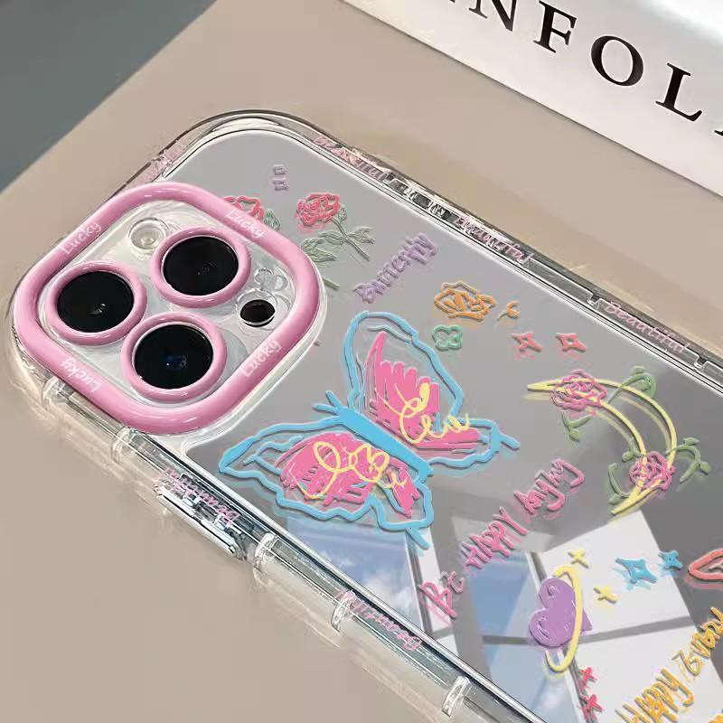 Ins Graffiti Butterfly for IPhone16 Promax Mobile Phone Case for Apple 15 Mirror 13 Protective Cover 14 Soft