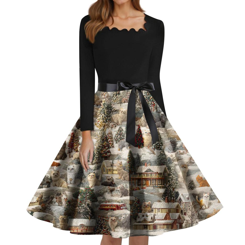 Women's Fashion Round Neck Casual Slim Christmas Printed Long Sleeve Dresses