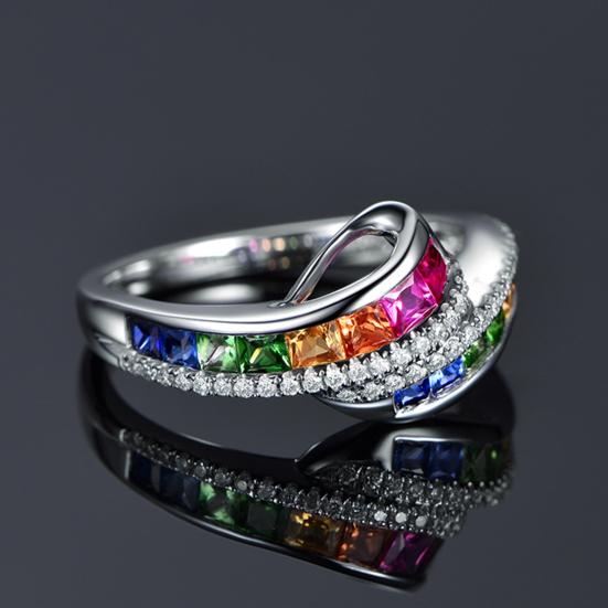 Yousheng Women Ring Shiny Rhinestone Inlaid Sparkling Geometric Electroplating Decoration Gift Rainbow Colored Faux Gemstone Party Ring Jewelry for