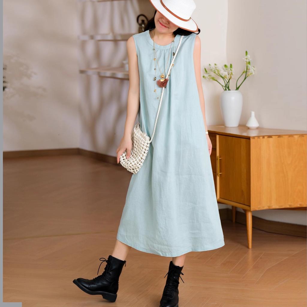 Solid color cotton and linen vest skirt women's 2025 summer new Fan loose medium and long round neck sleeveless dress