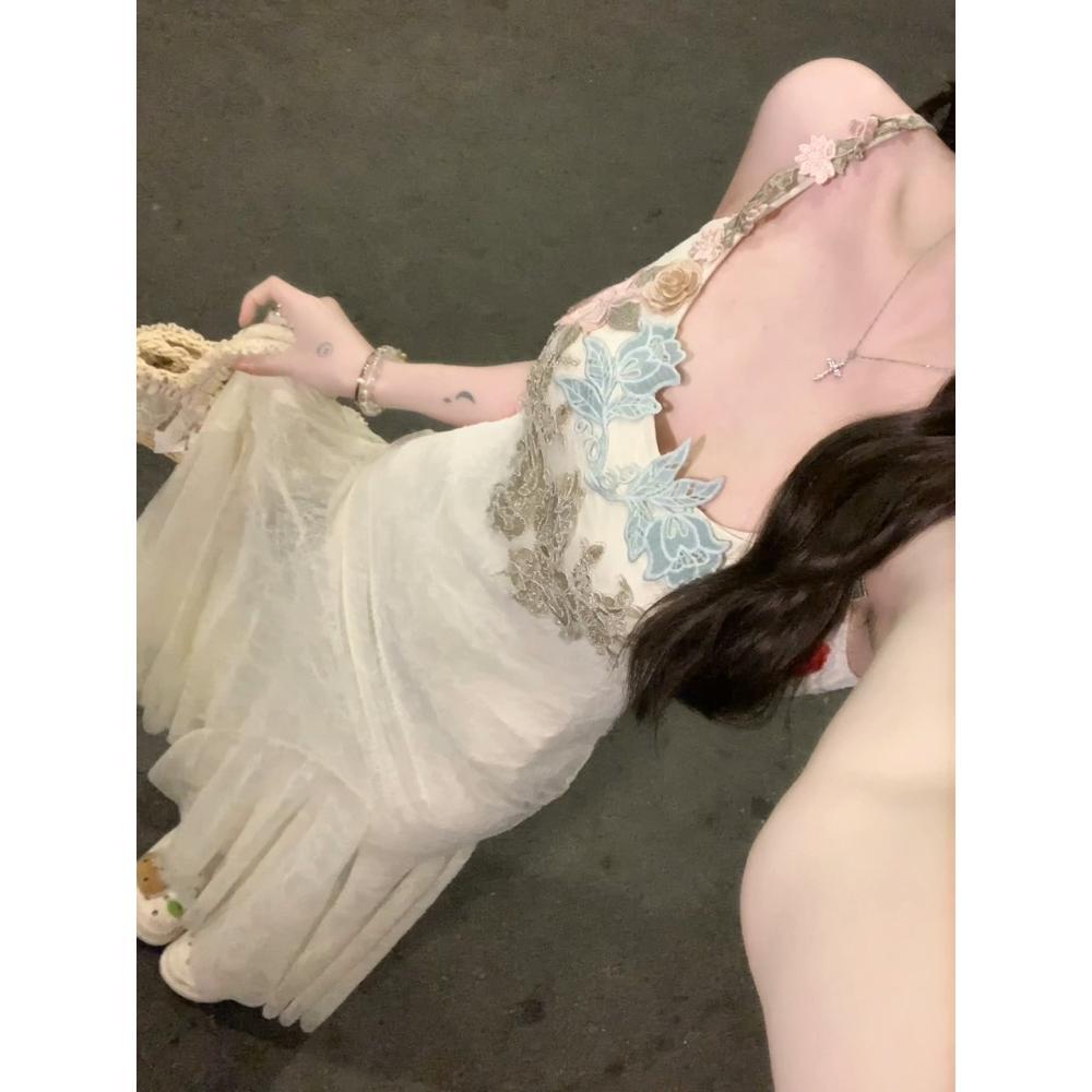 

Flower embroidery suspender dress women s summer waist tight fishtail skirt slim sexy hip wrap dress XL- (recommended 110-60kg)