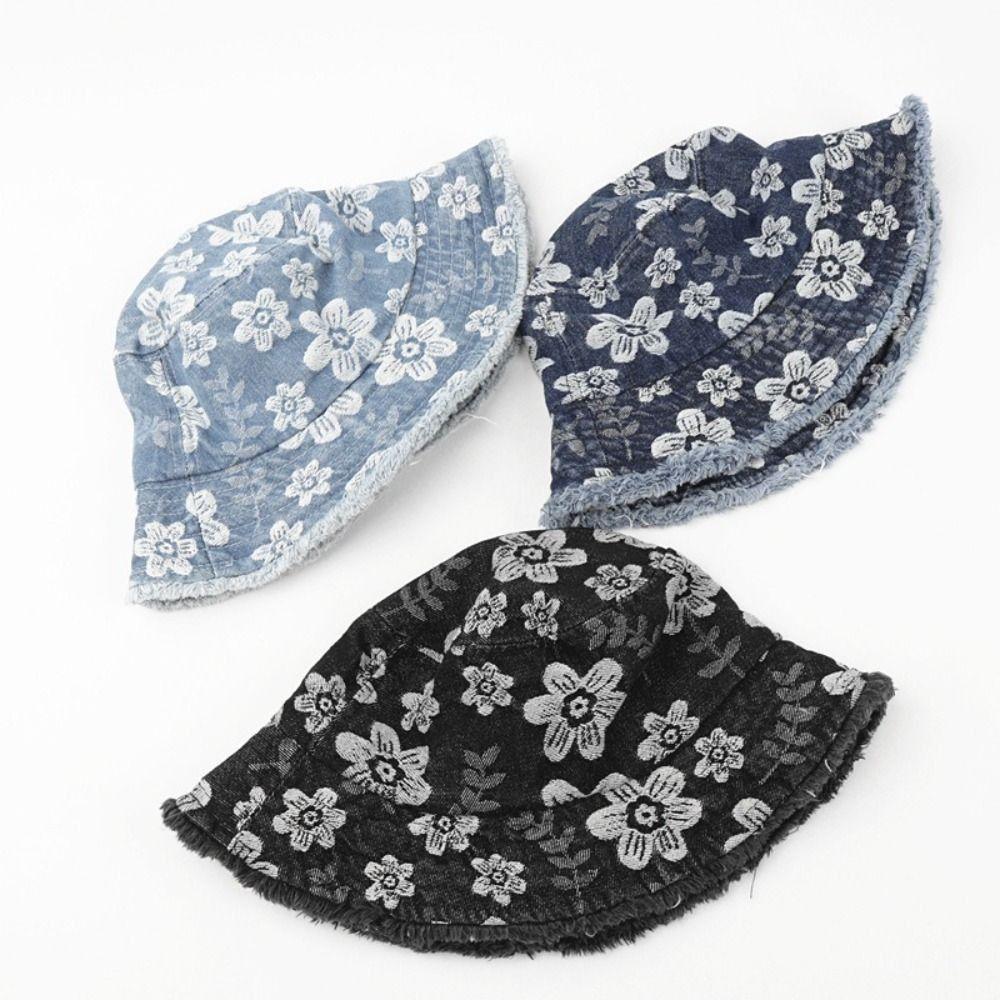 Flower Embroidered Denim Fisherman Hat Frayed Brim Sunscreen Sun Cap Cowboy Bucket Hats  Travel