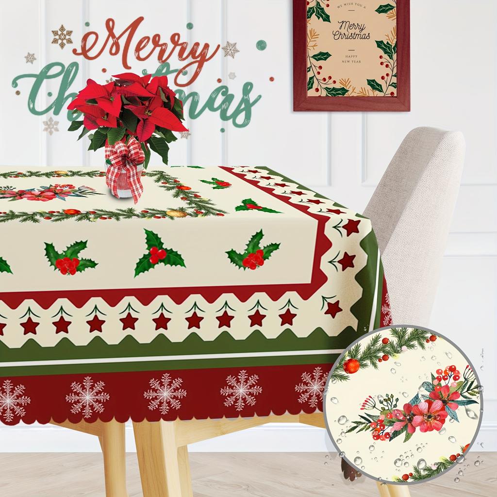 Weihnachtsschneeflocken Kiefernzweige Beeren Wasserdichte Tischdecke Weihnachten Feiertagsparty Esstischdekoration Weihnachtsdekorationen