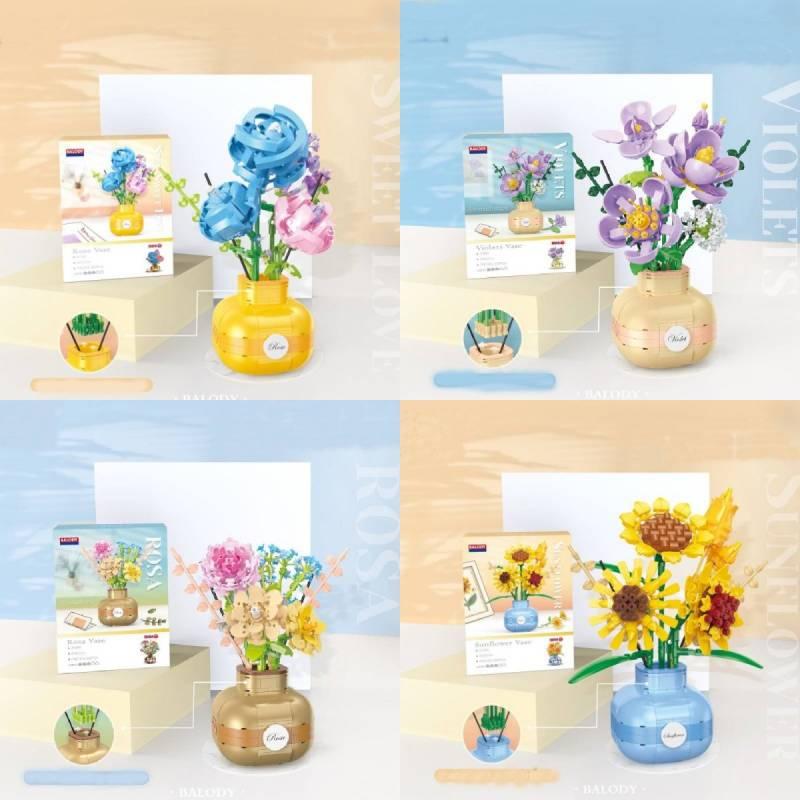 Mini Sunflower Rose Block Flower Bouquet In Vase Puzzle Toy Birthday Gift For Girls