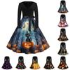 Women Vintage V Neck Dress Long Sleeve Casual Retro Style Halloween Print A Line Fit and Flare Midi Dress Belted Waist