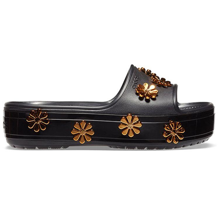 Crocs Cb Platform Metallic Blooms Sld Simple Casual Thick Sole Slippers Black Women Slippers 205717-001