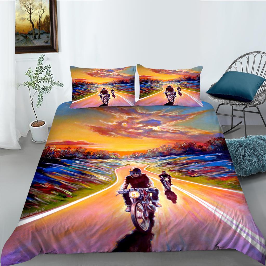 3D-Motorrad-bedrucktes Bettwäsche-Set im Industrie-Stil, Bettbezug, Kissenbezug-Set, Einzel-/Doppelbett, für Jungen und Jugendliche, cooler Bezug