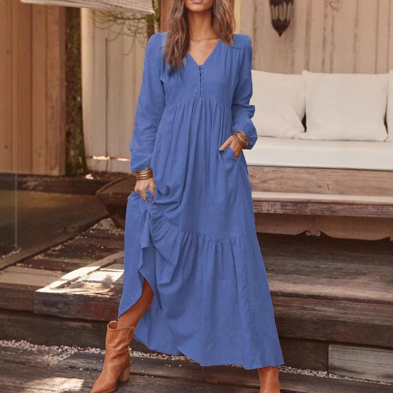 Dresses for Women Long Dress Loose Fashion V-Neck Casual Solid Long Sleeve A-Line Sexy Dresses Elegant Ruffles Vestido