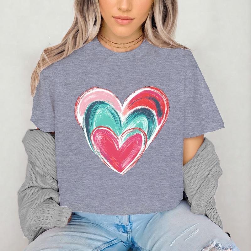2026 New Girl's Colorful Love Printed Cotton Adult and Children's Couple T-shirt Summer Fashion Loose Sports Daily Short Sleeve