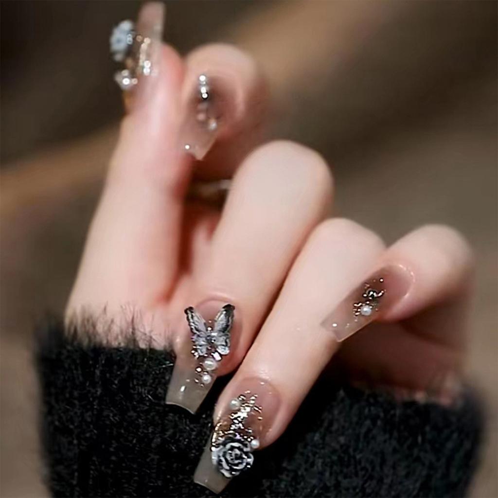 Brown Smudging False Nails with 3D Rose Setting Ultra-flexible Long Lasting Fake Nails for Manicure Lovers and Beauty Bloggers