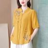 Fashion Embroidered Short Sleeved Cotton Linen Top Women's Summer Shirts Loose Cardigan Blouse Mother V-Neck Shirt Blaus 4XL