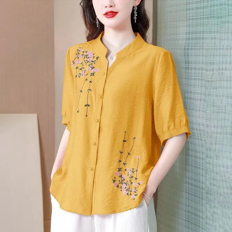 Fashion Embroidered Short Sleeved Cotton Linen Top Women's Summer Shirts Loose Cardigan Blouse Mother V-Neck Shirt Blaus 4XL