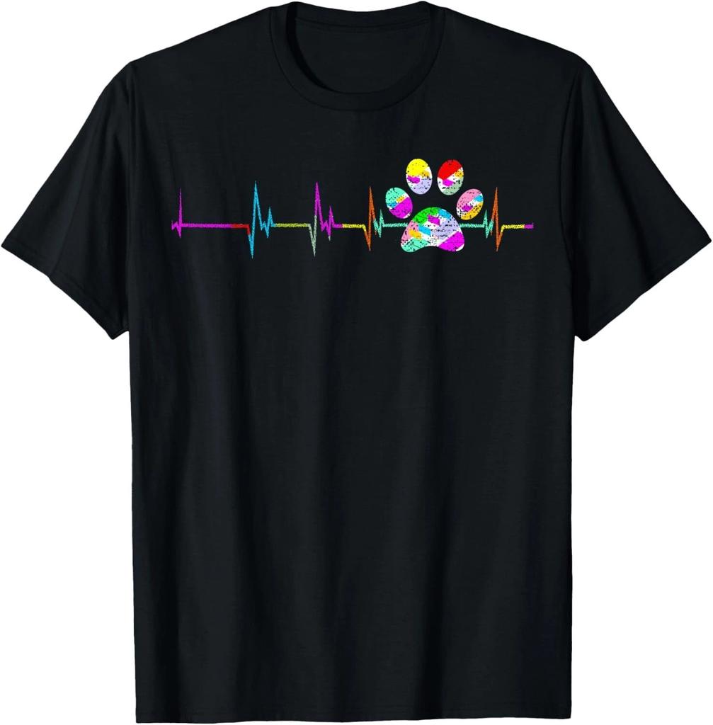 Dog Paw Print Heartbeat Shirt Women Girls Mom Love Dogs T- Shirt