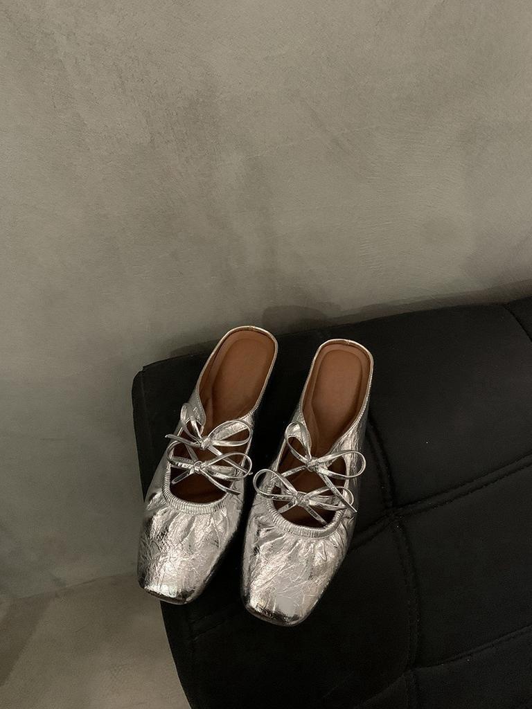 Inner Height-increasing Bow Silver Bag Head Half-drag Women's Shoes Fashionable Outer Wear 2025 New Summer Mary Jane Sandals