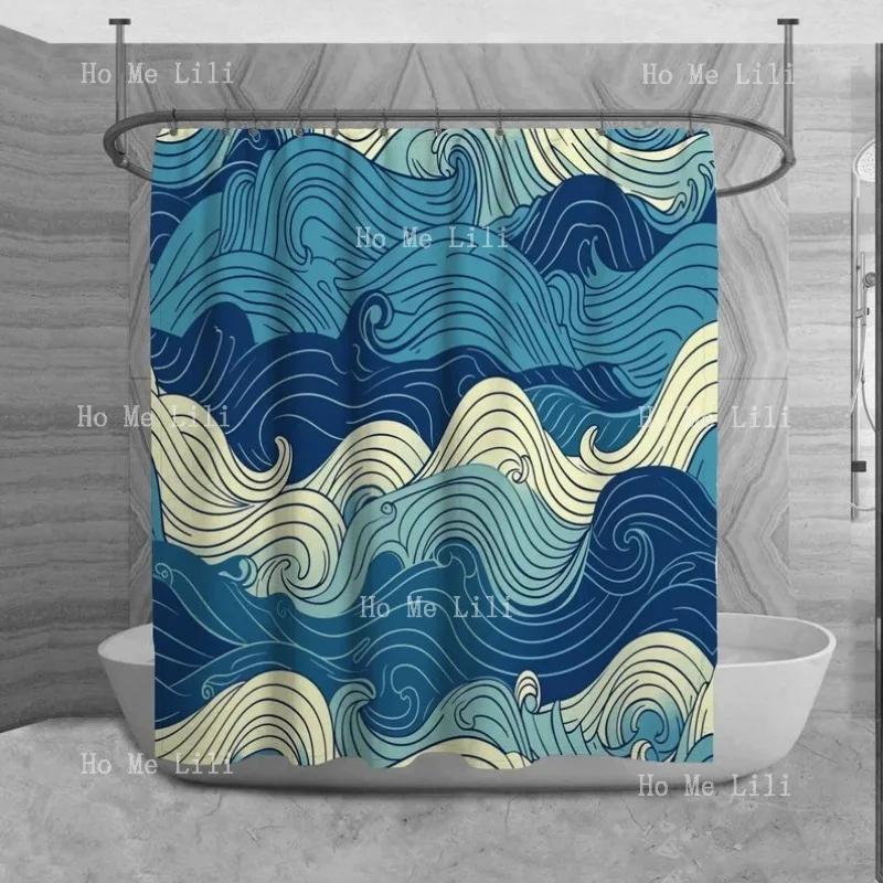 Ocean Curtain Blue And Green Abstract Japanese Waves Print Shower Curtains W60H190(CM)-1 Pcs