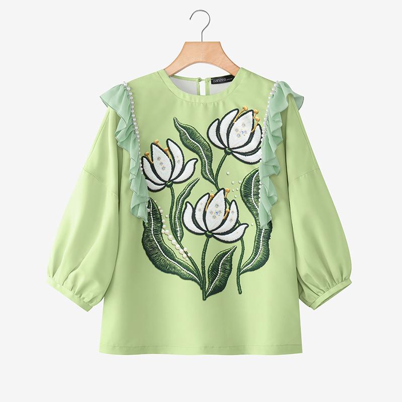 ZANZEA Women Casual Round Neck 3/4 Sleeve Ruffles Splice Loose Print Blouse S зелёный