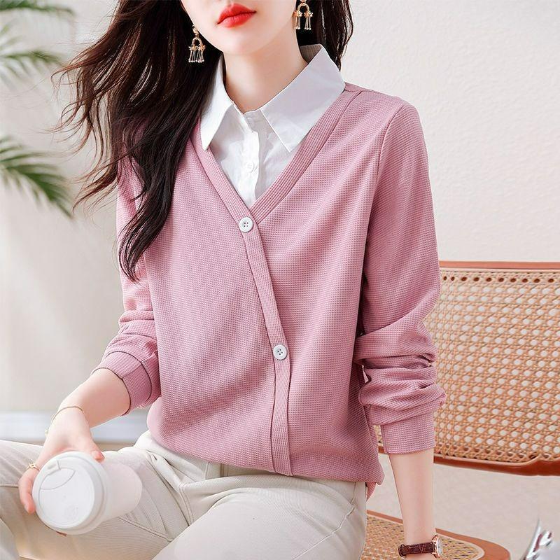 Spring and Autumn Style Shirt Lapel Stitching Long-sleeved T-shirt Sweater Fake Two-piece Fashion Top