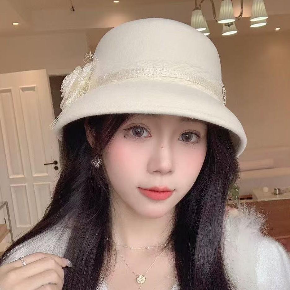 French Romantic Wool Top Hat Women's Autumn and Winter Thermal Basin Hat Celebrity Elegant Felt Hat Hepburn Wind Bucket Hat Lampshade Hat