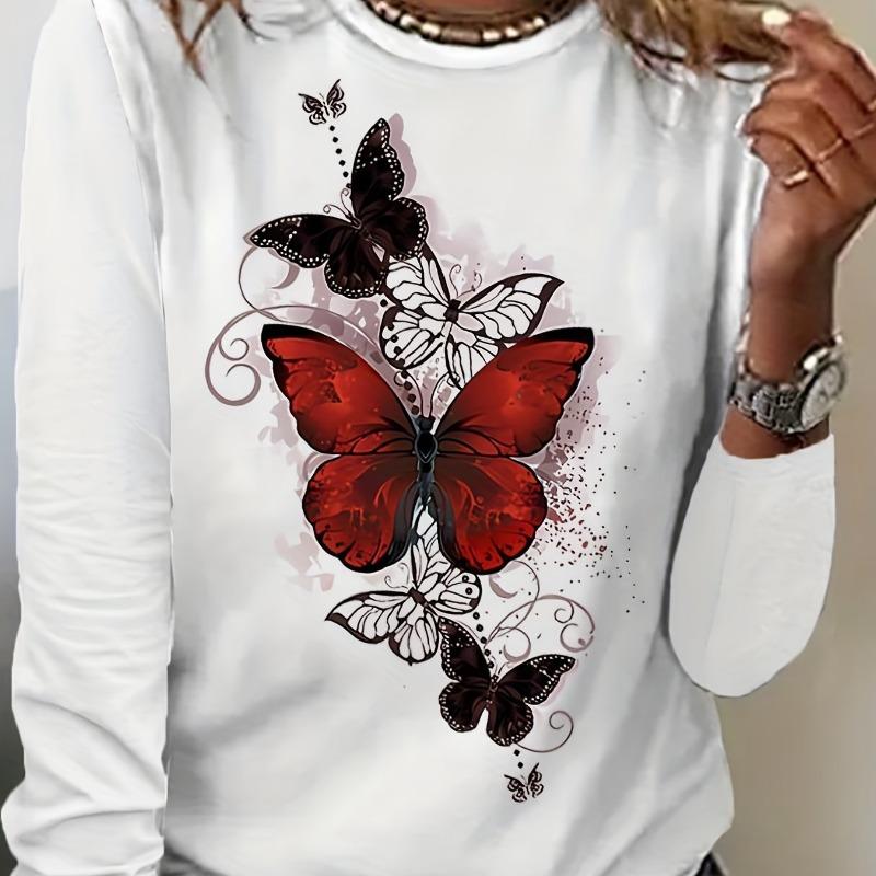 Women's Long Sleeve Colorful Butterfly Pattern T Shirts Tops 2024 Autumn New Fashion  Women's Top Harajuku Fun Pullover Clothing