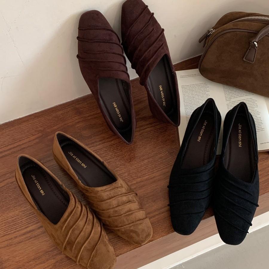 French pleated deep mouth single shoes women's 2025 autumn one-pedal square head suede loafers temperament youth fashion women's shoes
